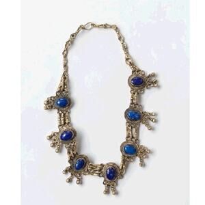 Vintage Afghan Tribal Lapis Lazuli Necklace Kuchi Silver Tone Statement